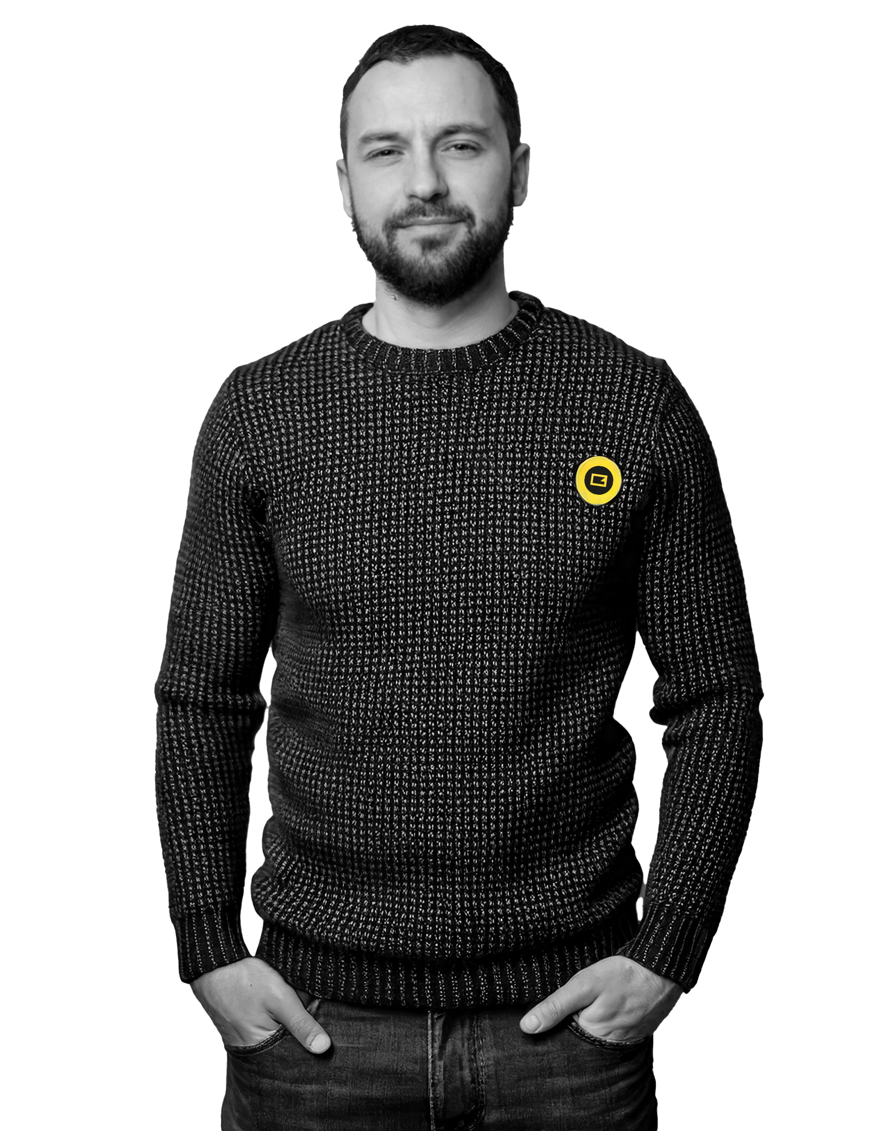 Der Markencharakter von C3 — ein unauffälliger Mann Mitte 30 mit dem gelben C3-Anstecker